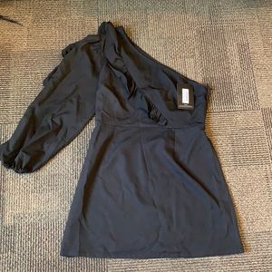 Black one shoulder ruffle sleeve dress, size 12